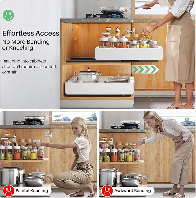 Pull out Cabinet Organizer, Wider Expandable(14"-24") Heavy Duty Slide out Drawers Fixed with Adhesive Nano Film for Pots, Roll out Shelf Storage for Kitchen Cabinet Organization(White-2pcs)(3 Rails)