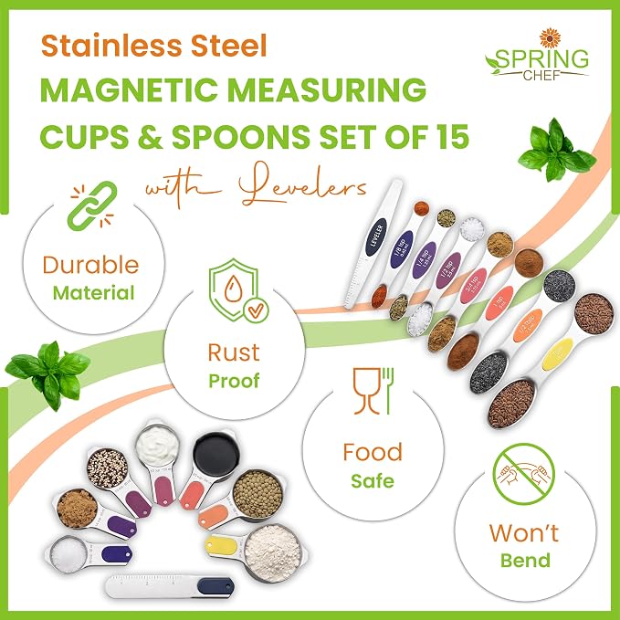 Spring Chef Magnetic Measuring Cups & Spoons Set of 16, Mountain Sunrise | Patented Nesting Stainless Steel Measuring Cups & Heavy Duty Metal Measuring Spoons w/ Levelers for Dry & Liquid Ingredients
