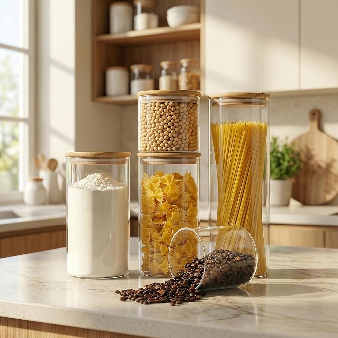 HomArtist Glass Jars with Bamboo Lids [Muti Size Set of 5], Glass Canisters with Airtight Lids, Glass Food Storage Containers for Pasta, Oats, Coffee, Flour, Sugar, Rice, Best for Kitchen & Pantry | 79oz/53oz/27oz Airtight Jars for Pantry & Kitchen, Du...
