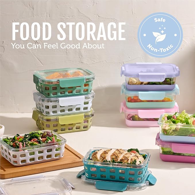 Ello Duraglass Refresh 3.4 Cup Meal Prep Containers, 10 Pc, Halogen Blue | Glass meal prep container set with silicone boots, airtight leakproof BPA-free lids, microwave, freezer & dishwasher safe