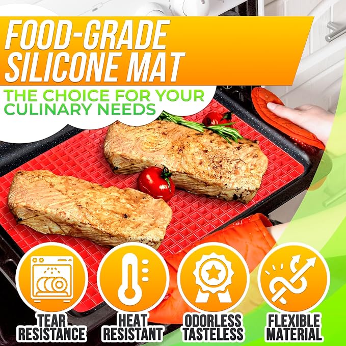Red Silicone Baking Mat, 16 x 11.42 In, Non-Stick, Pyramid Design | Easy-to-Clean Silicone Pyramid Baking Mat; Suitable for Oven & Microwave; Fat Filtering Surface; for Roasting, BBQ, and Bacon