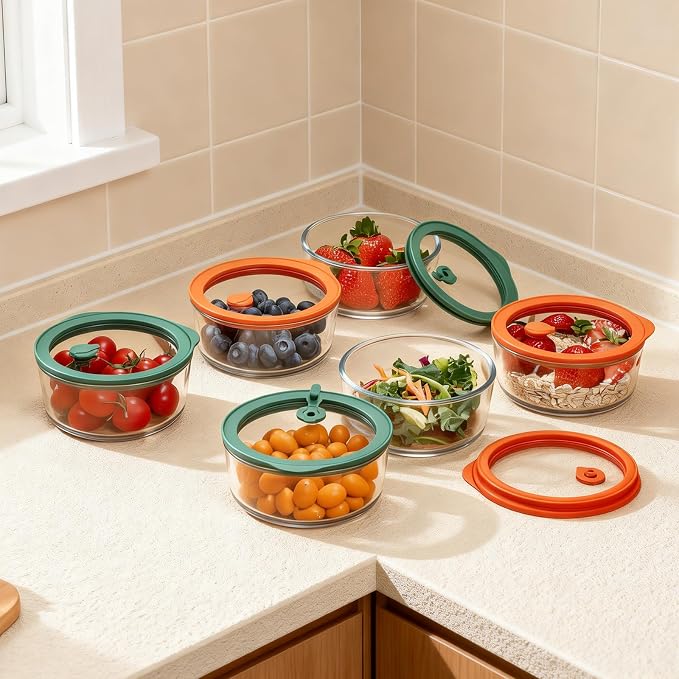 Wissy&Konny 2 Cup Glass Storage Containers with Glass Lids 6 Pack, 100% Plastic Free Borosilicate Meal Prep Containers, Silicone Framed Airtight & Leakproof Lids, Microwave Dishwasher Freezer Safe