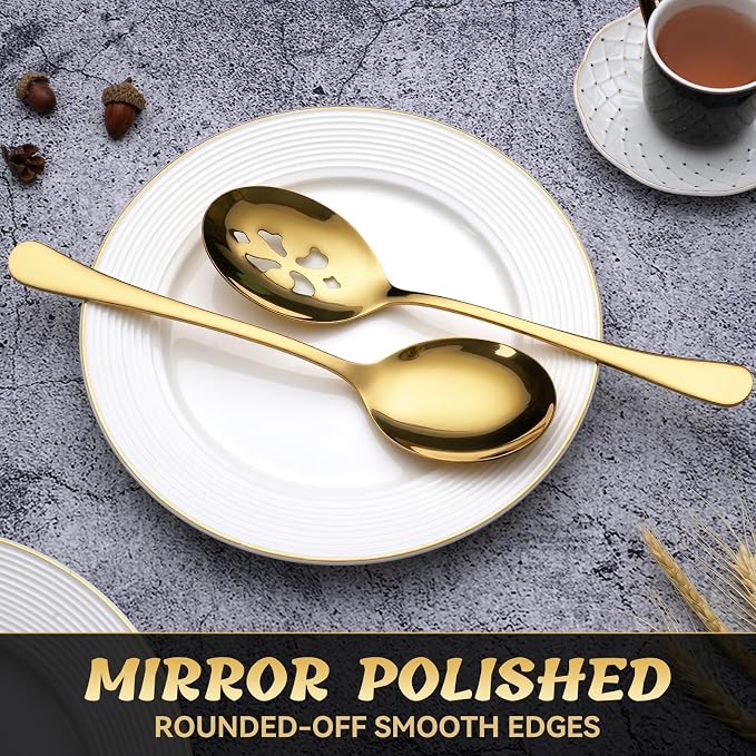 8 Piece Stainless Steel Serving Spoon Set - 4 Large, 4 Slotted,Dishwasher Safe,10-Inch,Gold, for Parties/Kitchen/Buffet/Catering