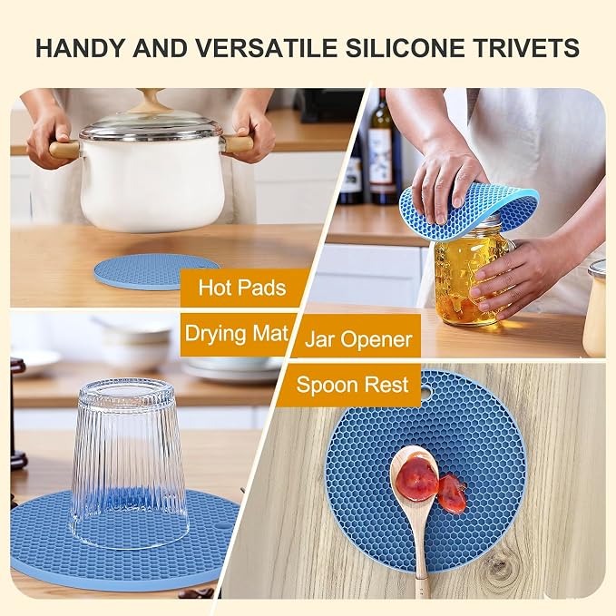 4 PCS Heat Resistant Silicone Trivet Mat for Hot Dishes, Hot Pots and Pans | Multipurpose Non-Slip Hot Pads Pot Holders for Kitchen Countertops Table, Food Grade Silicone & BPA Free, Blue/Grey