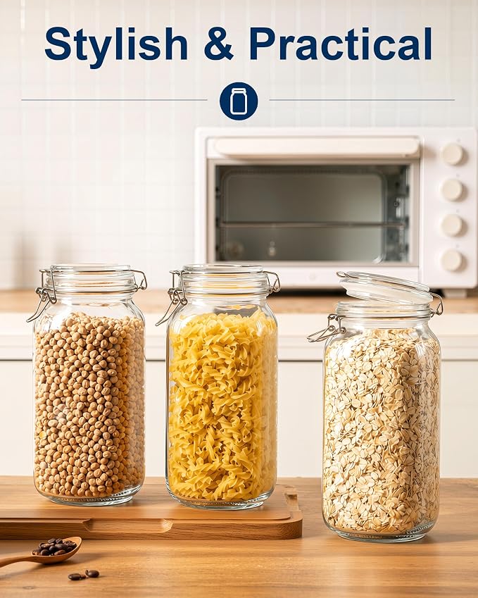 OneDream 78oz Glass Jars with Airtight Lid, 3 Pack Large Glass Storage Jars | Airtight Clamp Lids, Leak Proof, Wide Mouth, Thick Glass, Food-Grade, BPA-Free, Pantry Organization, with Labels & Marker