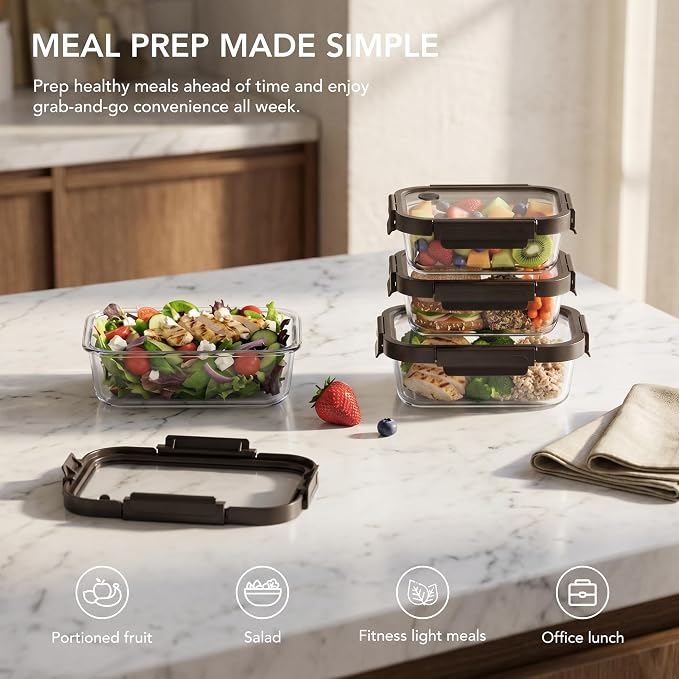 Glass Meal Prep Containers with Glass Lids, 4 Pack Airtight Glass Food Storage Containers, Borosilicate Glass Lunch Containers for Healthy Meal Prep, Microwave Oven Dishwasher Safe, BPA Free