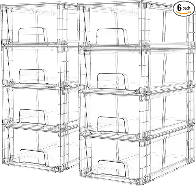 Vtopmart 8 Pack Stackable Clear Drawer with Dividers | Clear Drawer Organizers with Removable Dividers for Flexible Storage. Stackable, Non-slip, for Fridge, Under Sink & Bthroom