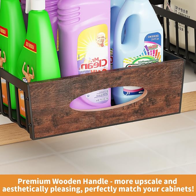 2-Tier Under Sink Organizer with Wooden Drawer Handle, 2 Pack Adjustable Height Pull Out Cabinet Organizer Shelf,Slide out Storage Drawer Rack for Kitchen Bathroom Laundry Room Pantry (Black)