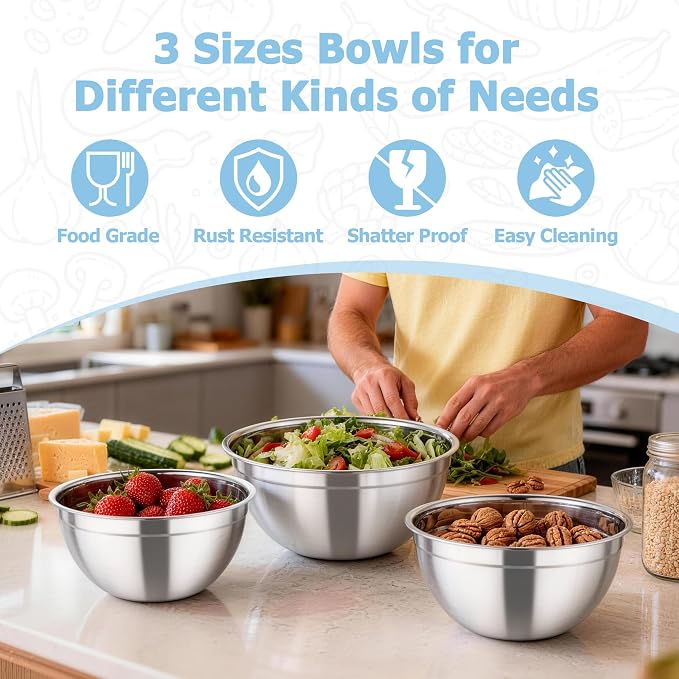TeamFar Mixing Bowls, 4.5/3/1.5 QT Stainless Steel Nesting Salad Bowls with Airtight Lids, For Serving/Mixing/Storing/Prepping, Non-Toxic & Sturdy, Visible & Easy Clean, Black, Set of 3