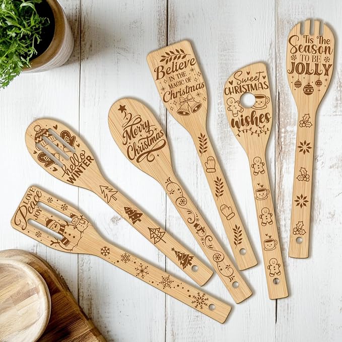 CUTHOLLOW 6PCS Christmas Greeting Wooden Kitchen Cooking Utensil Set, 11.9in Non Toxic Bamboo Wood Spoon Set for Cooking, Best Housewarming Birthday Thanksgiving Christmas Gift for Women Mother