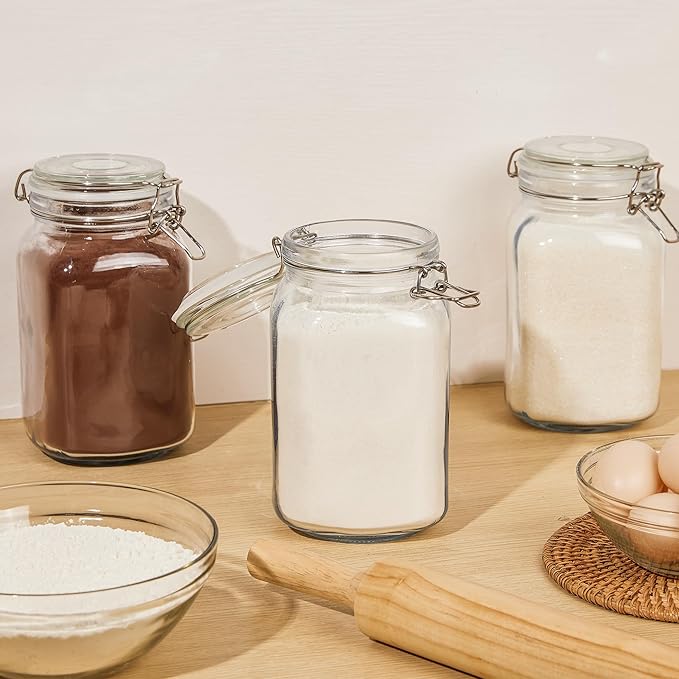 50oz Glass Food Storage Jars with Airtight Clamp Lids, 3 Pack | Food Storage Canister for Kitchen, Pantry Organization, Square Mason Jars for Storing Sugar, Flour, Cereal,Coffee,Cookies