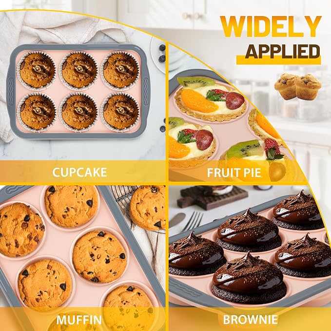 Silicone Muffin Pan, 6 Cups Non-Stick Cupcake Pan, Food-Grade BPA-Free Muffin Tin, Oven-Safe 450 °F, Reinforced Steel Frame, Easy-Grab Handles, Quick-Release 2.7" Baking Molds for Mini Treats