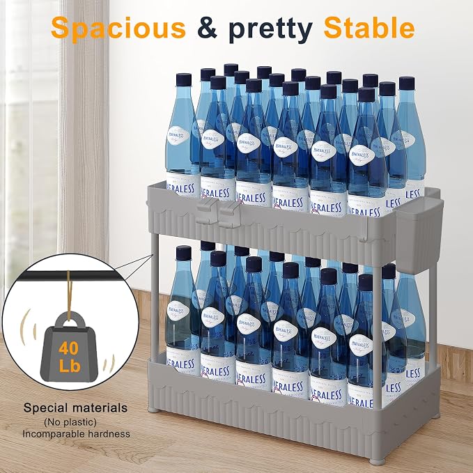 2-Pack Under Sink Organizer with Hooks & Hanging Cup for Kitchen | Multi-use kitchen & bathroom storage, 12.8 inch grey cabinet organizer, with hooks and hanging cup for easy access.