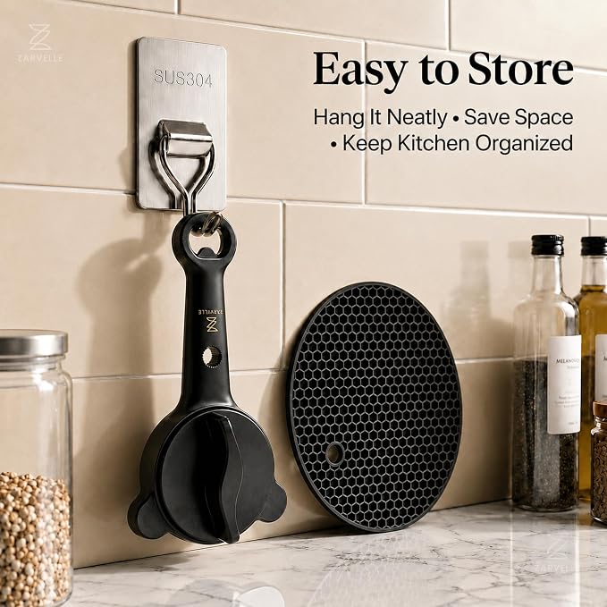 Jar Opener for Seniors with Arthritis & Weak Hands, 4-in-1 Adjustable Lid & Bottle Opener Set with Non-Slip Silicone Grip Pad & Stainless Steel Hook, Easy Twist Kitchen Gadget for Elderly (Black)