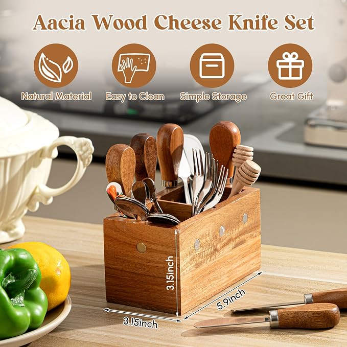Hushee 46 Pcs Charcuterie Boards Accessories with Magnetic Acacia Wood Holder Wooden Cheese Knife Set for Wood Handle Knives for Cheese Knife Slicer with Tongs, Spoons, Forks, Honey Dipper (Style 3)