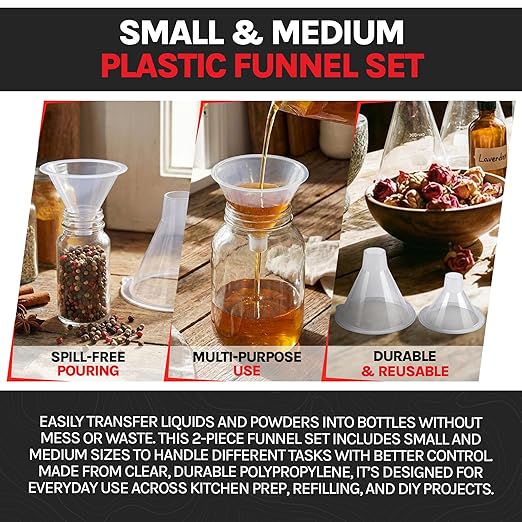 BleedZone Small and Medium Plastic Funnels for Filling Bottles, Small Funnel for Powder, Glitter & Spices, Plastic Funnels for Liquids, Perfume, Essential Oil, Kitchen Funnel Set Clear Durable 2 Pack