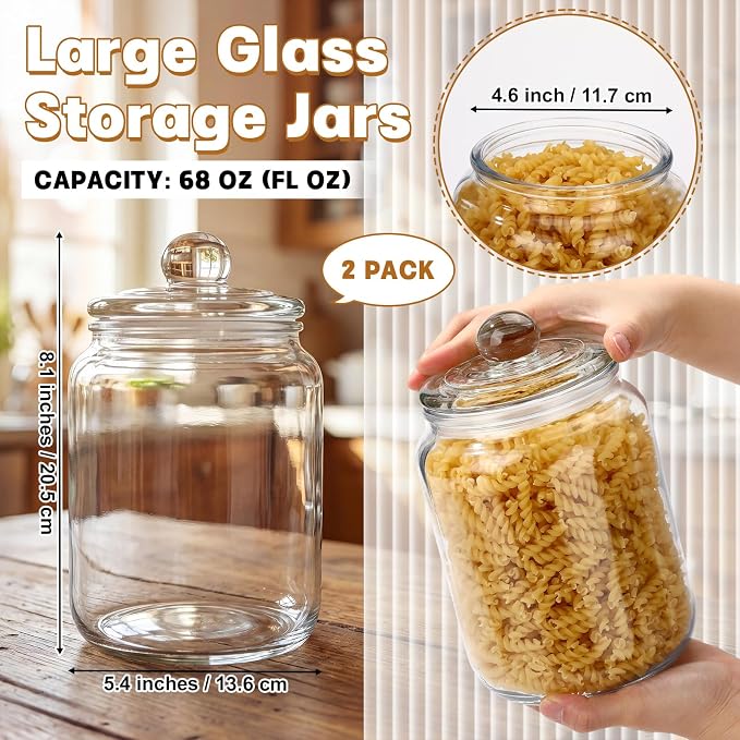 2 Pack 68 oz Glass Storage Jars with Airtight Glass Lid Thick Food Canister with Seal Clear Food Storage Container for Kitchen Flour Sugar Cookies Coffee Bean Pantry Organization