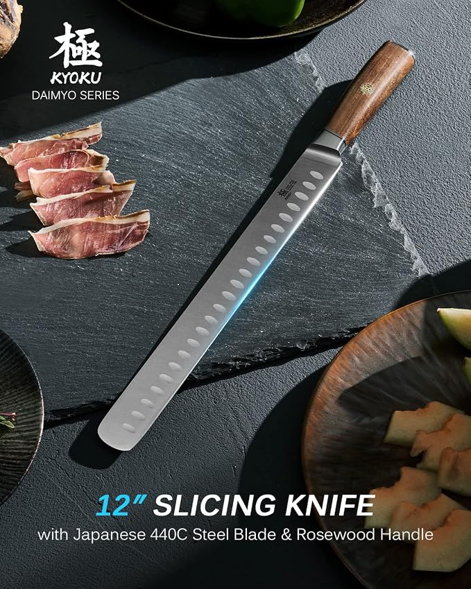 KYOKU 12" Slicing Knife, Daimyo Series Brisket Knife for Meat Cutting with Rosewood Handle, Japanese Style 440C Stainless Steel Meat Carving Knife for BBQ Turkey Ham Rib Roast with Sheath and Case