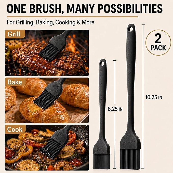 Silicone Basting Pastry Brush for Baking Bbq Spread Oil Butter | 2 Pack Cooking Kitchen Brushes, Heat Resistant BPA free, Dishwasher Safe