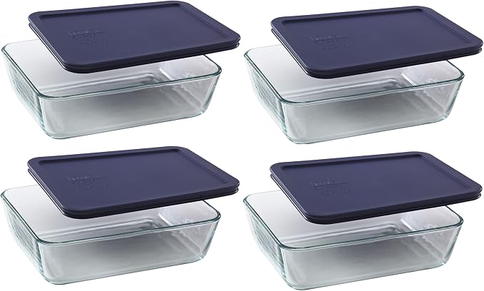 Pyrex 7211 6-Cup Glass Dish & 7211-PC Dark Blue Lids (4-Pack) - Made in USA | Top-Rack Dishwasher Safe | Freezer Safe | Non-Porous Surface | Tight-Sealing Flexible Plastic Covers