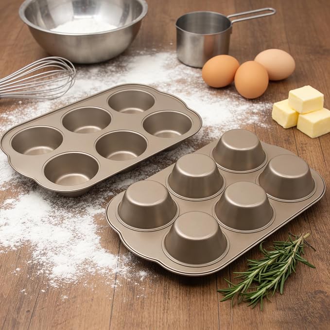 Non-Stick Jumbo 3.5" 6-Cup Muffin Pans, Set of 2(Gold) | Carbon Steel, Long Handle for Large Muffin & Cupcakes