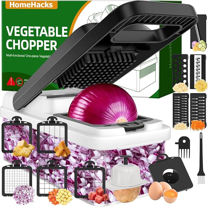 HomeHacks Vegetable Chopper Vegetable Cutter, 15 in 1 Kitchen Gadget, Dicer, Slicer, Onion Cutter, Salad, Cheese Grater & Egg Separator - Multi-Functional Veggie Chopper Lid with Handle (White)