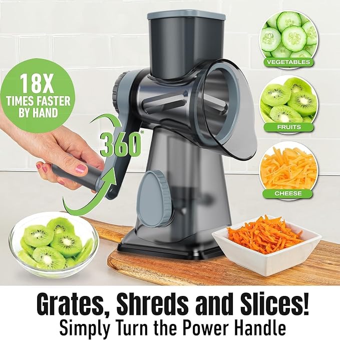Cheese Grater Hand Crank Rotary Vegetables Shredder with Handle | 3-in-1 Graters, Interchangeable Blades, Non-slip Base, Multifunctional Slicer