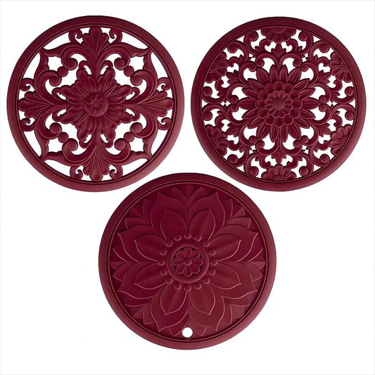 Silicone Trivets - Silicon Mats for Hot Pots and Pans, Multi-Use Carved Hot Pads, Flexible Modern Kitchen Table Mats, Heat Resistant Round Teapot Coaster Set of 3 Burgundy