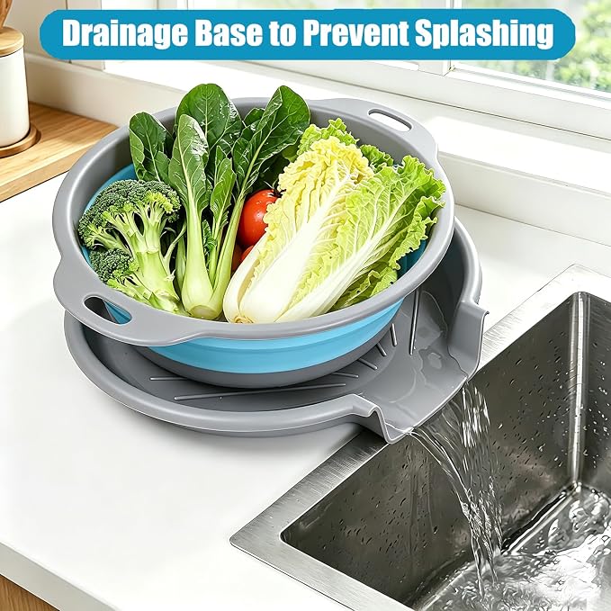 Collapsible Colanders Food Strainers, 3-Pack Foldable Kitchen Strainers with Over-Sink Water Draining Tray, Space Saving Kitchen Drainer for Vegetables, Fruit, Pasta and Rice (Blue-Gray)