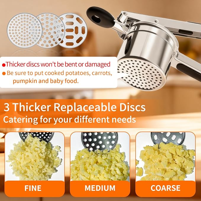 Potato Ricer, Ricer for Mashed Potatoes, 3 Replaceable Discs Potato Masher Stainless Steel for thin/medium/thick Fluffy Mashed Potatoes, Heavy Duty Spaetzle Maker, Dishwasher Safe