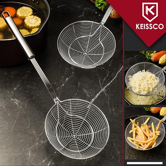 KEISSCO Stainless Steel Spider Strainer Skimmer Spoon For Frying and Cooking - Set of 3 Solid Wire Asian Strainer Ladle Pasta Strainer with Long Handle, Professional Kitchen Skimmer Ladle