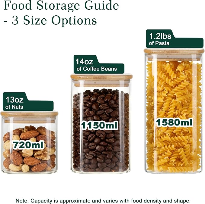 LIBWYS 12-Pack Glass Pantry Storage Jars with Bamboo Lids(0.76/1.22/1.67Qt) | Stackable Dry Food Containers for Pantry Organization, Coffee, Flour, Snacks, Tea, Pasta, Spaghetti | Kitchen Canisters Set