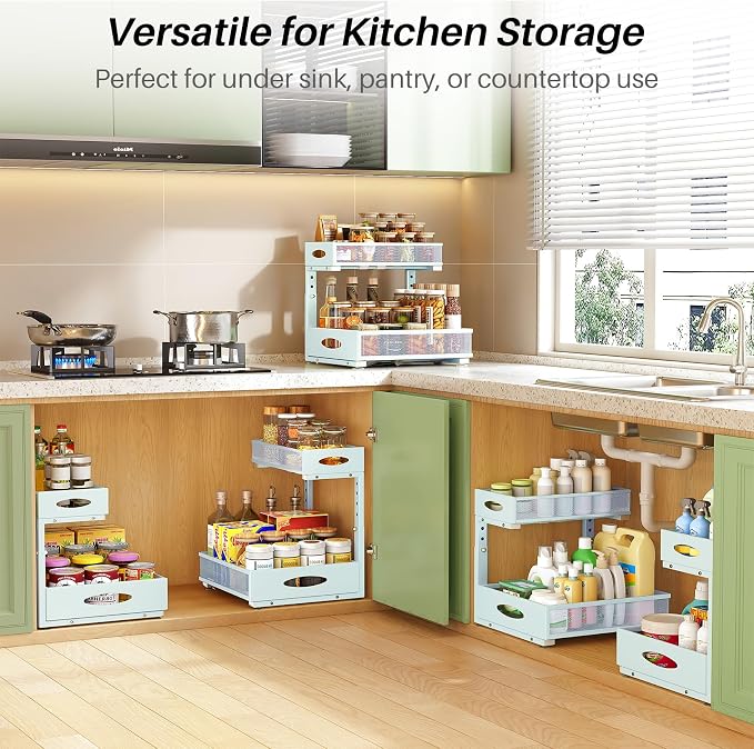 Under Sink Organizer, 1-Pack Pull Out Cabinet Organizer 2 Tier Metal Slide Out Storage Shelf Rack, L-Shaped Adjustable Height,Mesh Sliding Drawer for Kitchen, Bathroom, Laundry, Pantry, Blue, XL