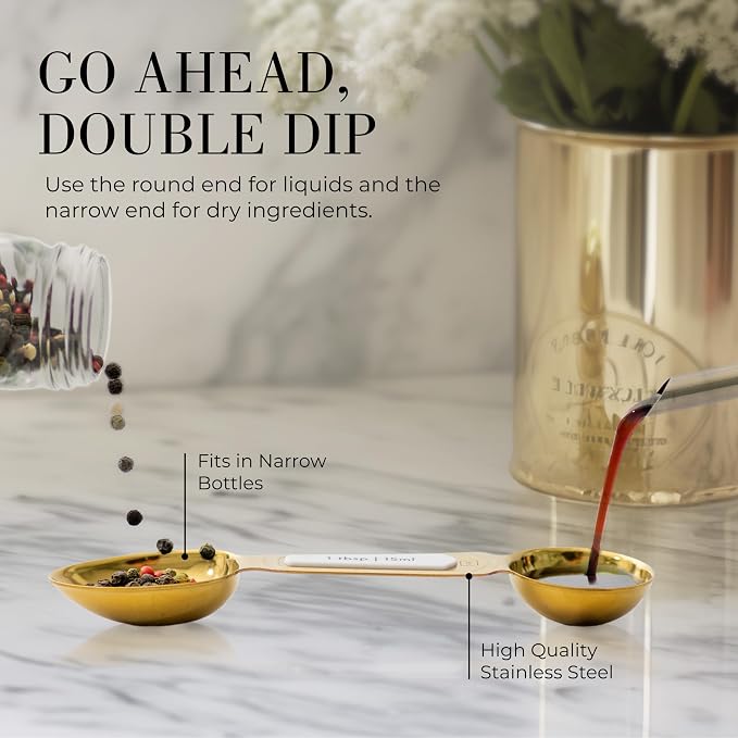 White and Gold Measuring Spoons with Leveler - Featuring 8PC Upgraded Style, Dual-Sided, Stackable, Stainless Magnetic Measuring Spoons Set - Fits in Spice Jars, White and Gold Kitchen Accessories
