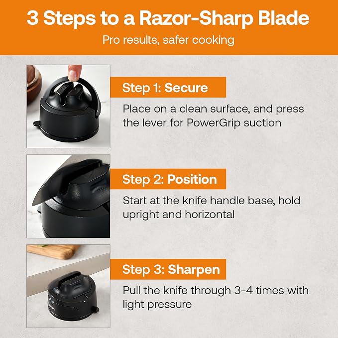 AnySharp – EVO – Hands Free Knife Sharpener - Easy to Use Sharpening Tool with Improved PowerGrip Suction Base and 20-Deg Pre-Set Angle - for All Knives: Chef's, Serrated, and Hardened Steel - Black