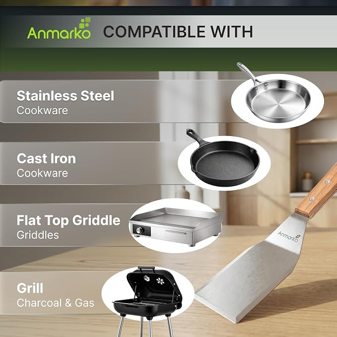 Anmarko Professional Metal Spatula with Wooden Handle, Stainless Steel Griddle Scraper, Commercial Grade Pancake Flipper