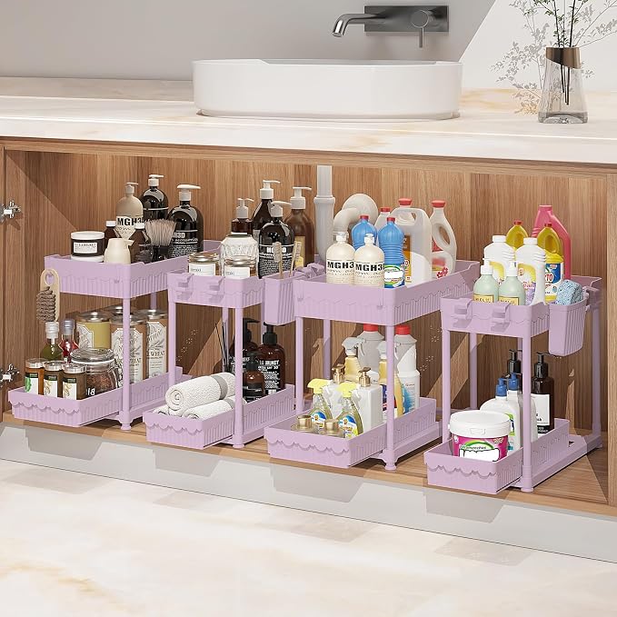 4-Pack 2-Tier Under Sink Organizer with Pull Out Drawers | Multi-use kitchen & bathroom storage. Includes hanging hooks and cups. Pink, space-saving cabinet design. 14.8 Inch