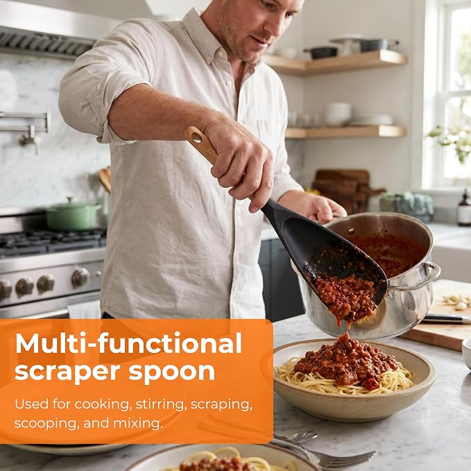 2-Pack Silicone Cooking Spoons with Wood Handle & S-Hooks - Heat Resistant 446°F Spoonula for Nonstick Cookware - BPA Free Multifunction Spatula Spoon for Mixing, Scooping&Serving (Black&Gray)