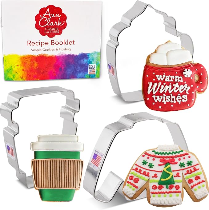 Ann Clark Cozy Winter Cookie Cutters 3-Pc Set (Coffee Mug, Latte Cup, Sweater) Made in USA