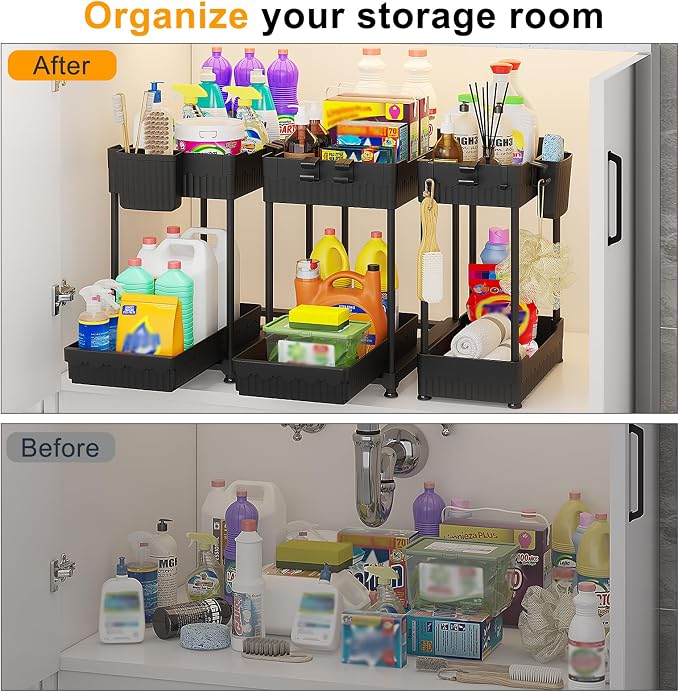 3-Pack 2-Tier Under Sink Organizers with Sliding Drawers | Multi-use kitchen & bathroom storage, 14.8 inch black cabinet organizer, space-saving sliding drawer design.
