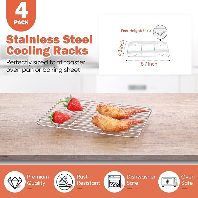 Homikit 4 PCS Baking Rack for Oven Cooking, 8.7” * 6.3” Small Cooling Racks | Food Grade Stainless Steel, Healthy& Heavy Duty, Wire Roasting Grilling Mini Rack for Bacon Bread Cookies, Dishwasher Safe