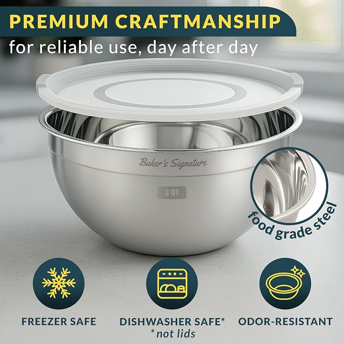 Stainless Steel Mixing Bowls with Lids Set of 3, Nesting Metal, 1.5/3/5 Qt | Mirror-finish interior, dishwasher safe & BPA-free; stack for food prep, baking, storage & serving