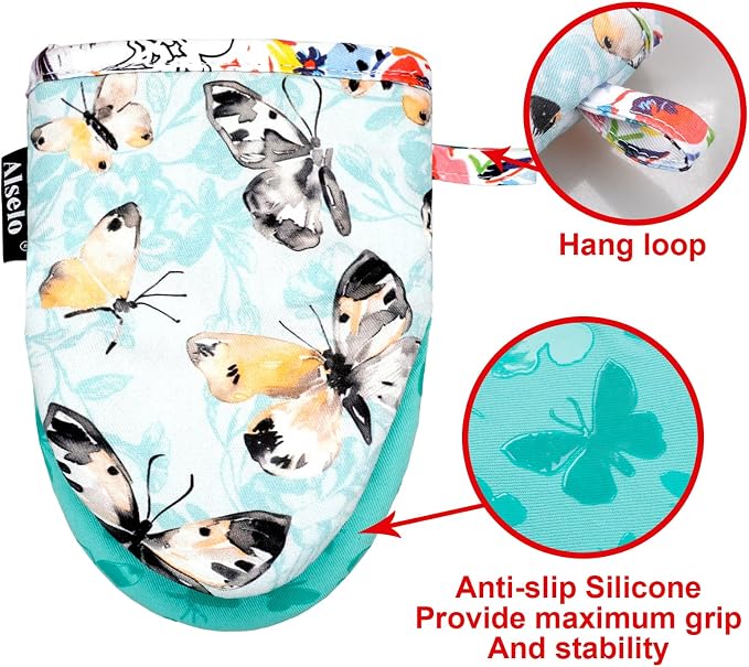 Alselo Mini Oven Mitts,2pk - Silicone Little Kitchen Gloves, Heat Resistant with Non-Slip Grip and Soft Quilted Cotton Lining for Safe Backing Cooking Barbecue (Turquoise, Butterfly)