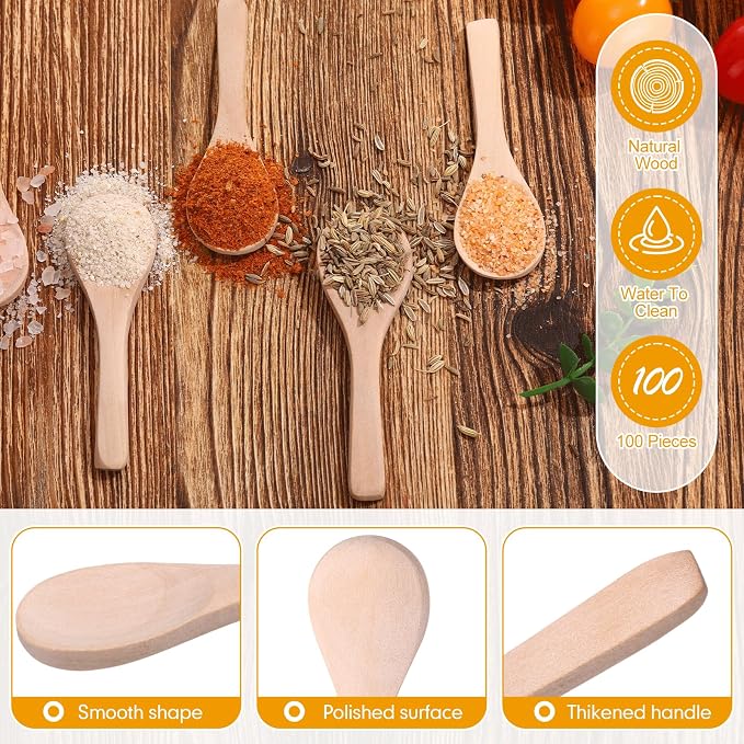 Boao 100 Pcs Small Wooden Spoons, 3.5'' L, Mini Wood Natural Tiny Spoons Wooden Little Teaspoons for Jars Sugar Creamer Honey Spices Salt Kitchen Supplies (Light Wood)
