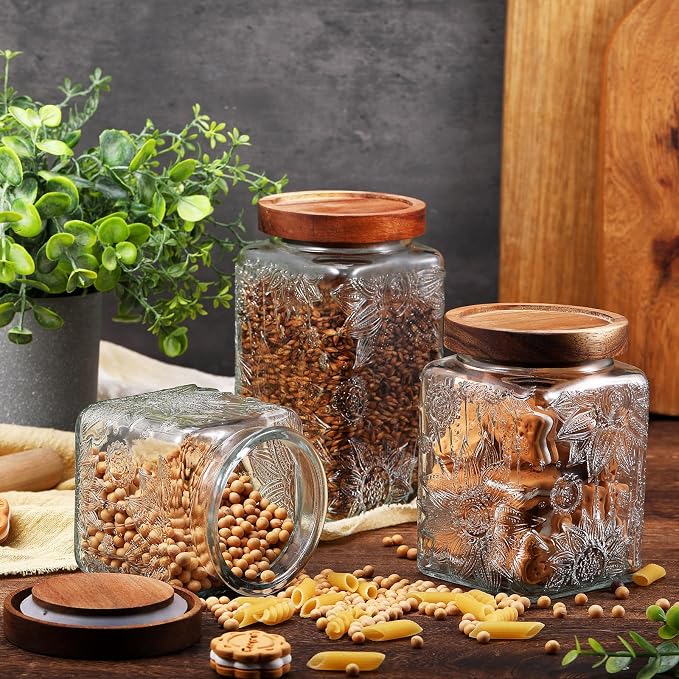 5 Pcs Sunflower Vintage Glass Jars with Bamboo Airtight Lid 17/24/34 oz Glass Food Containers Storage for Kitchen Counter Pantry Sugar Flour Coffee Tea Candy Oats Cereal(Square)