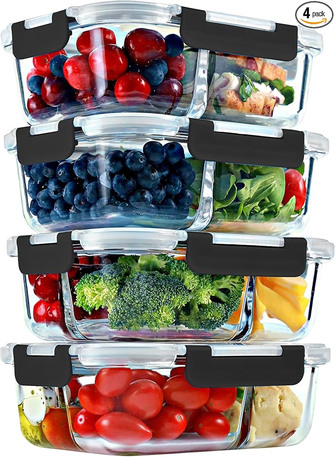Glass Meal Prep Containers 2 and 3 Compartments, Leak-Proof, 32 oz, 4 Pack | Bento Box Lunch Containers Set, Food Storage Portion Control Snack Boxes, Airtight Lids, Dishwasher Oven Freezer Safe, Black