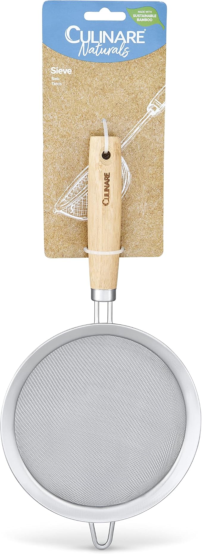 Culinare Naturals Sieve, Sustainable Bamboo/Stainless Steel, 33 cm x 16 cm, Kitchen Food Strainer Utensil/Tool, Fine Mesh Metal, Not Dishwasher Safe