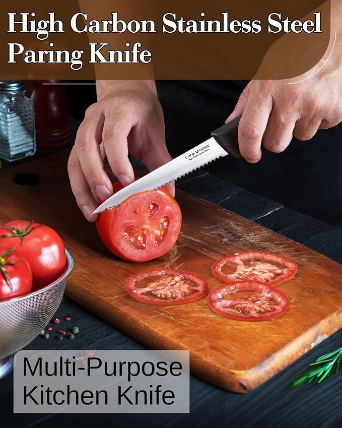 Cook N Home Professional Paring Knife Set, High Carbon Stainless Steel Kitchen Knives, Includes-Utility, Paring, Vegetable, Peeling Knife, Ergonomic Handle, 4-Piece, Black