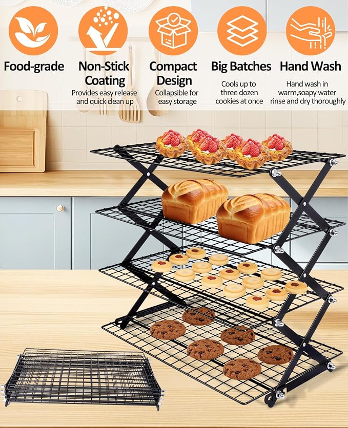 4 Tier Collapsible Cooling Rack, 2/3/4-Tier Upgraded,Adjustable ＆ Stackable Baking Rack, 5 Modes Cooling Racks for Cooking and Baking, Roasting ＆ Grilling Gifts for Picnic Party