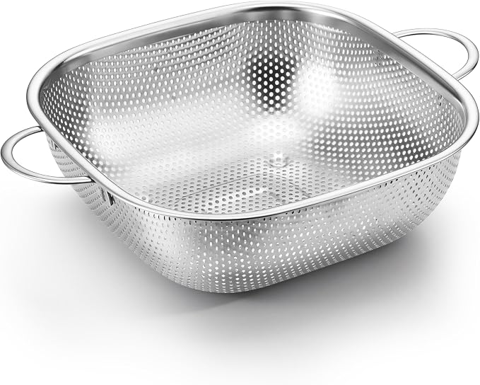 E-far 4QT Square Stainless Steel Colander - Metal Strainer with Handle for Draining Pasta & Vegetables, Micro-Perforated & Elevated Feet, Dishwasher Safe